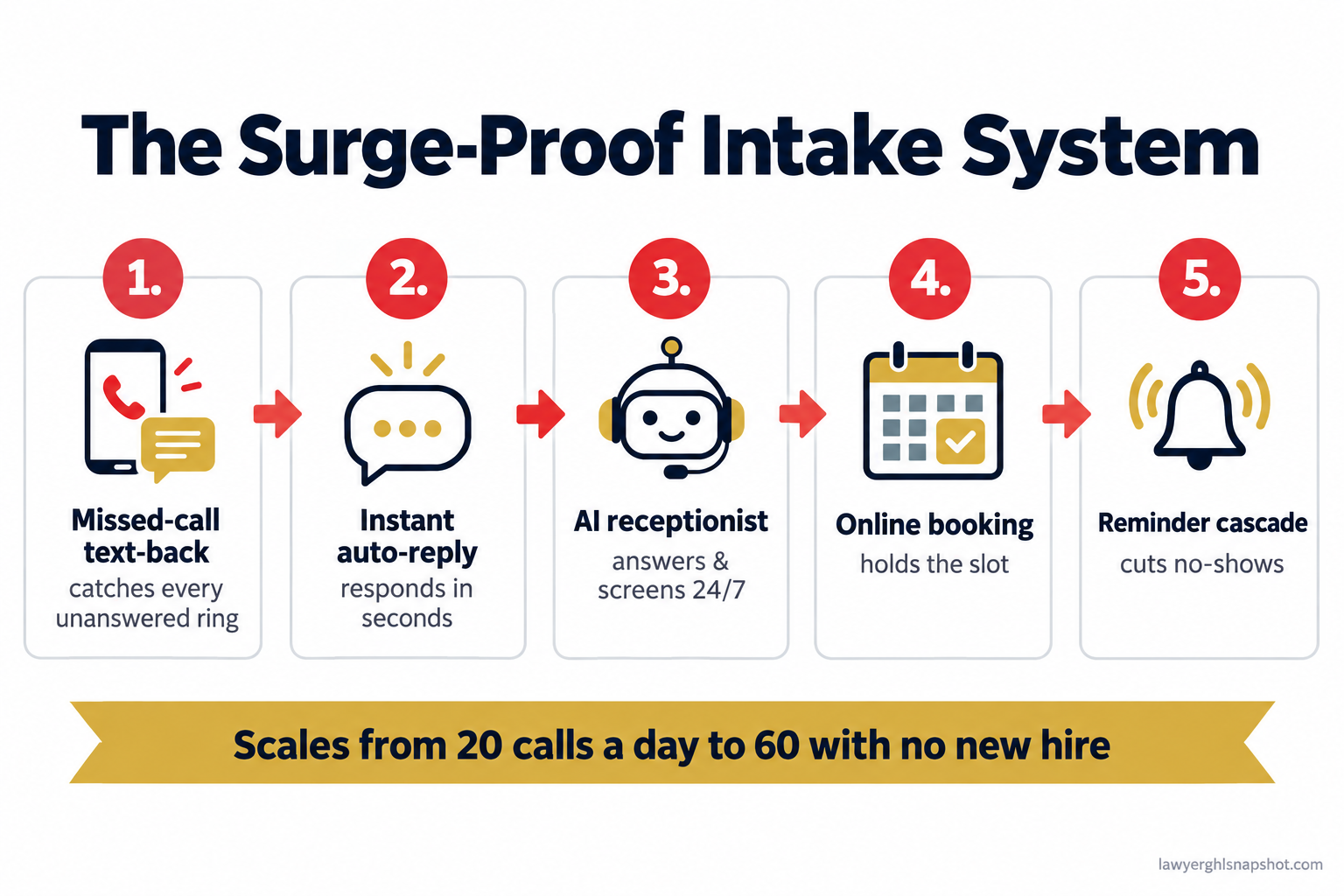 Numbered flow diagram titled The Surge-Proof Intake System showing five steps that scale without new staff: missed-call text-back, instant automated reply, AI receptionist answers and screens 24/7, online booking holds the slot, and a reminder cascade cuts no-shows