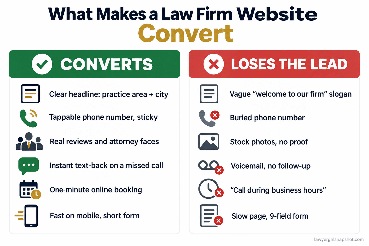 Two-column do and don't panel titled What Makes a Law Firm Website Convert. The CONVERTS column lists a clear practice-area-plus-city headline, a sticky tappable phone number, real reviews and attorney faces, instant text-back on a missed call, one-minute online booking, and a fast mobile site with a short form. The LOSES THE LEAD column lists a vague welcome slogan, a buried phone number, stock photos with no proof, voicemail with no follow-up, call-during-business-hours scheduling, and a slow page with a 9-field form