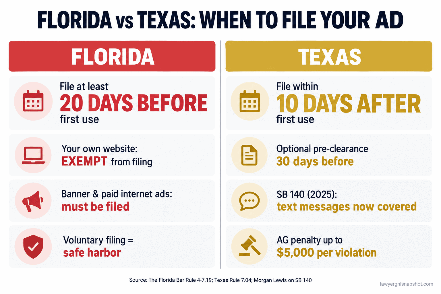 Comparison slide titled Florida vs Texas ad filing: Florida files at least 20 days before first use with the firm's own website exempt; Texas files within 10 days after first use with optional pre-clearance 30 days before, and SB 140 lets the attorney general seek 5000 dollars per violation for texts