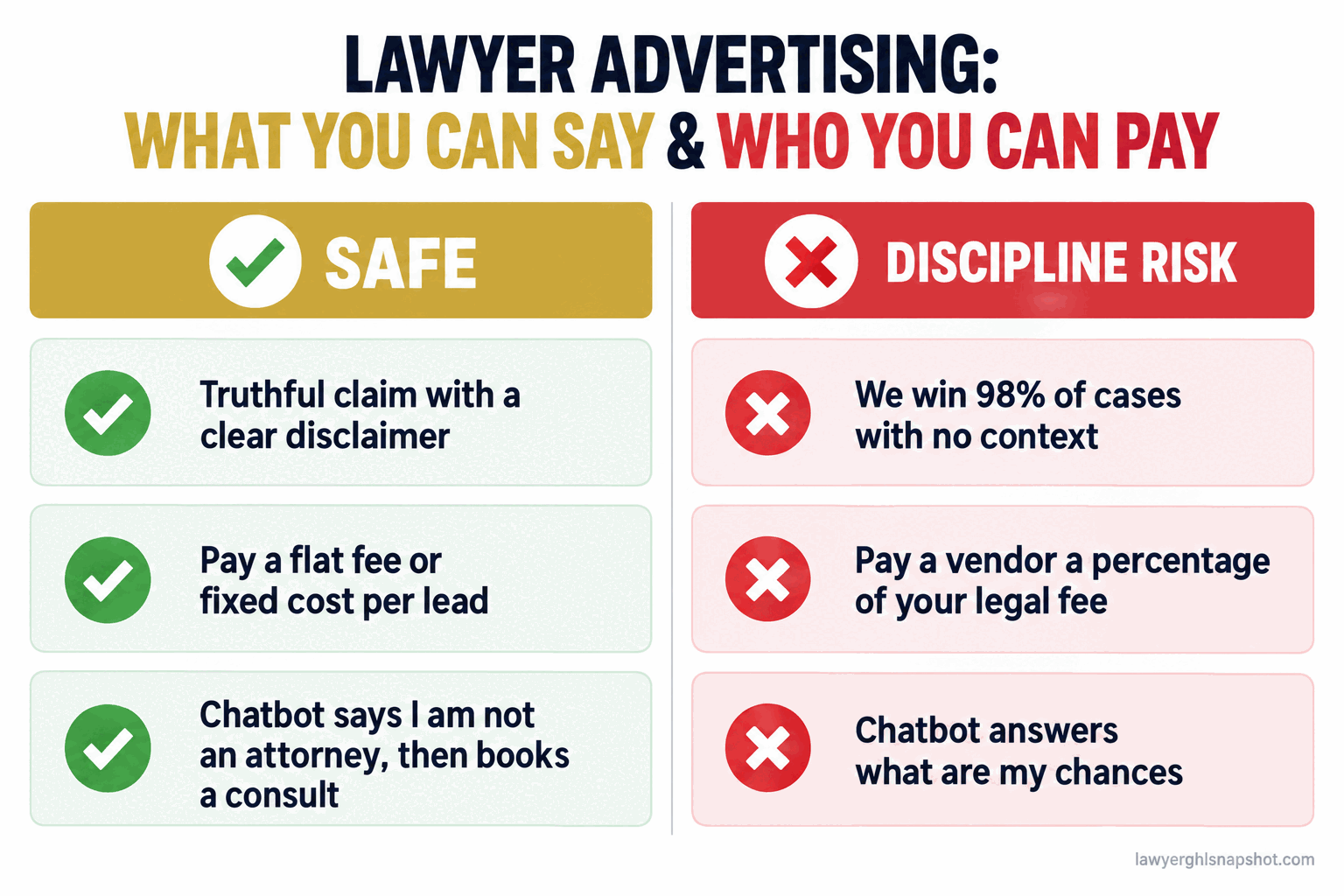 Two-column do-and-don't panel on lawyer advertising: a green safe column (truthful claims with a disclaimer, paying the flat cost of a lead, a chatbot that discloses it is not an attorney) beside a red discipline-risk column (a bare we-win-98-percent claim, paying a vendor a percentage of fees, a chatbot that answers what are my chances)