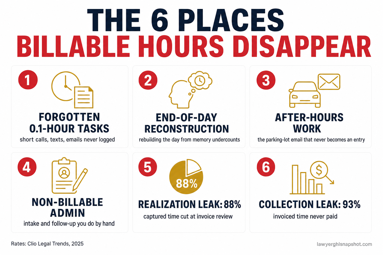 Infographic titled The 6 Places Billable Hours Disappear, a six-card grid covering forgotten 0.1-hour tasks, end-of-day reconstruction, after-hours work, non-billable admin, the realization leak at 88 percent, and the collection leak at 93 percent, for small law firms