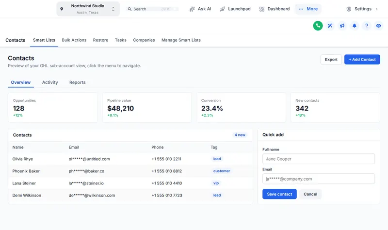 Arctic Clean theme: a white top bar with crisp blue accents on the GoHighLevel contacts page